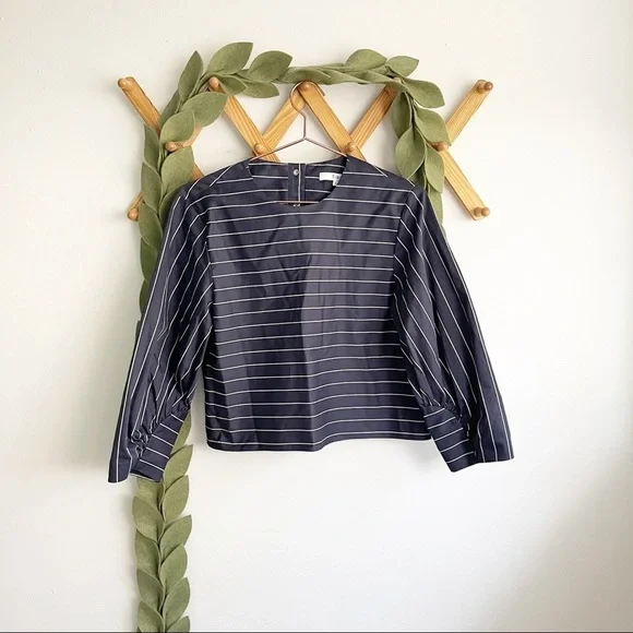 Tibi Sateen Striped Navy Blue Top